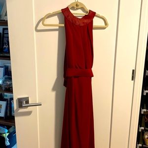 Red silk evening gown